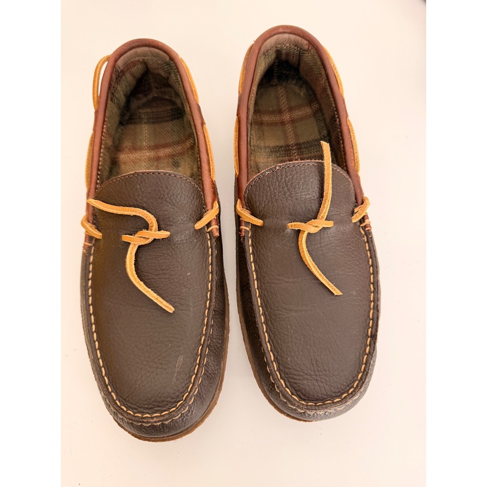 LL Bean Mens Wicked Good Moccasins Brown Leather Flannel Plaid Slippers 11 M